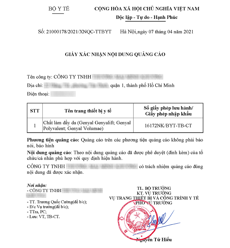 Văn bản công khai nội dung và hình thức dự kiến quảng cáo thiết bị y tế