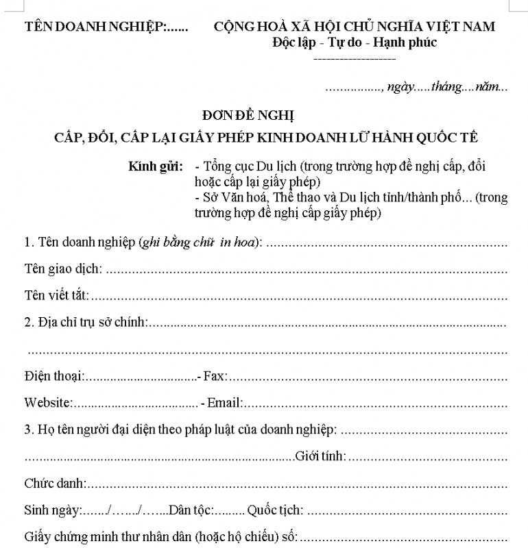 Đơn đề nghị cấp lại Giấy phép kinh doanh dịch vụ lữ hành quốc tế