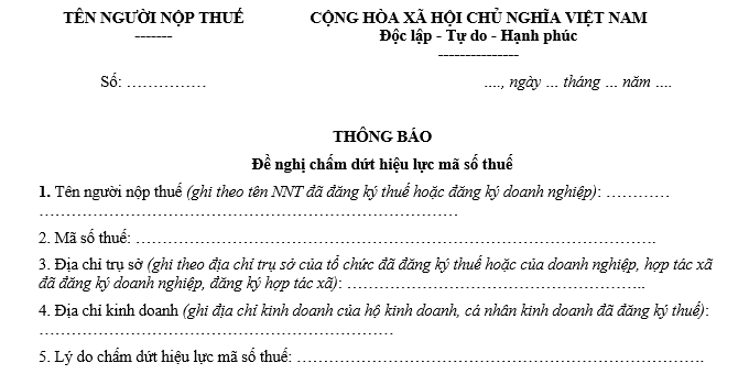 Thông báo về việc chấm dứt hiệu lực mã số thuế của cơ quan thuế