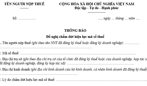 Thông báo về việc chấm dứt hiệu lực mã số thuế của cơ quan thuế