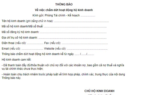 Mẫu đơn xin chấm dứt kinh doanh hộ cá thể